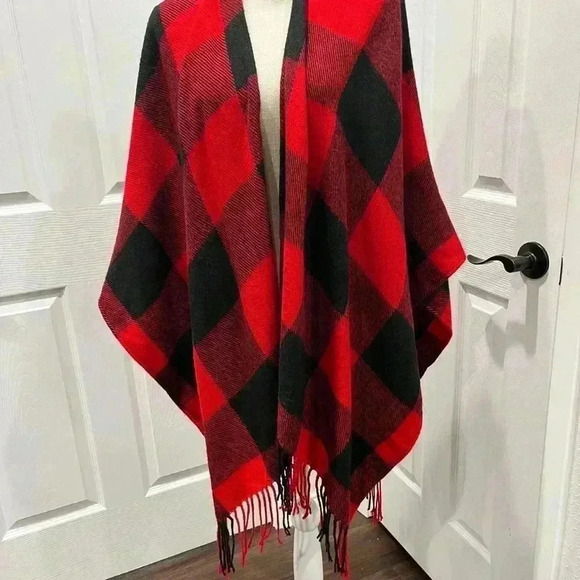 Blanket wrap / scarf in red and black plaid.  Fall, football, cozy - Picture 2 of 5
